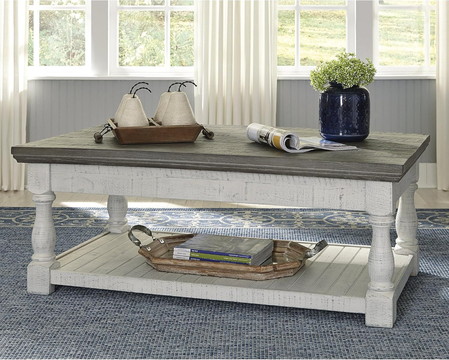 Havalance Farmhouse Lift Top Coffee Table with Fixed Shelf and 2 Hidden Storage Trays, Gray & White with Weathered Finish