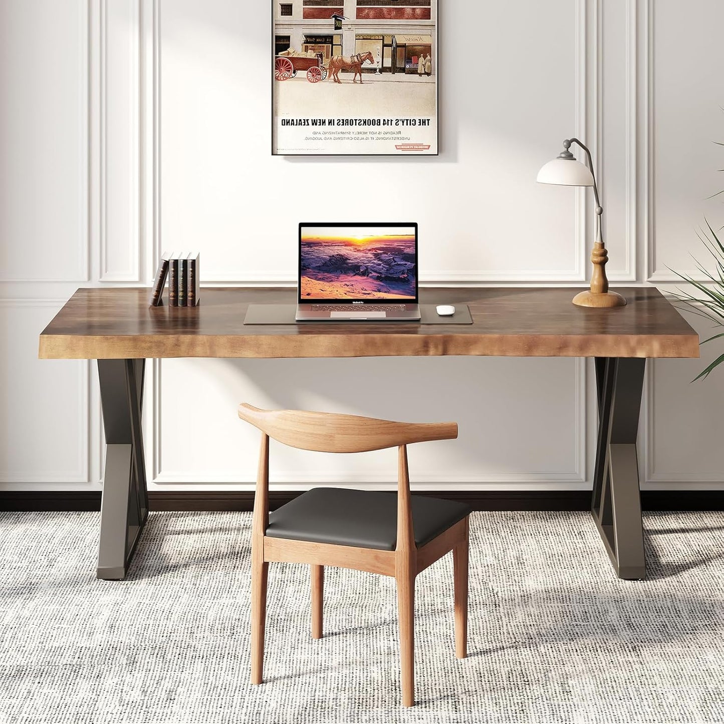 Solid Wood Desk 55 Inches, Home Office Computer Desk Wooden Rustic Writing Desk Metal Modern Simple Design Executive Real Wood Desk(Rustic Brown)
