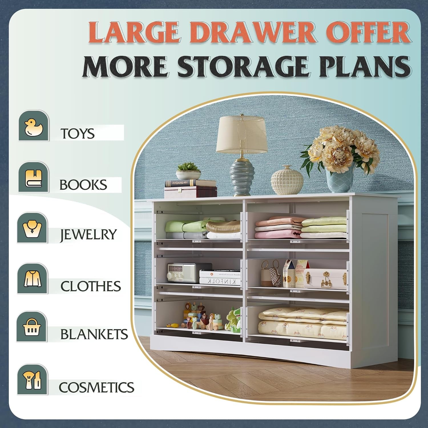 White Dresser with 6 Drawers, Wide Wood Chest of Drawers for Bedroom, Large White Storage Tower Unit, Modern Minimalist Closet Store Organizer for Living Room, Hallway