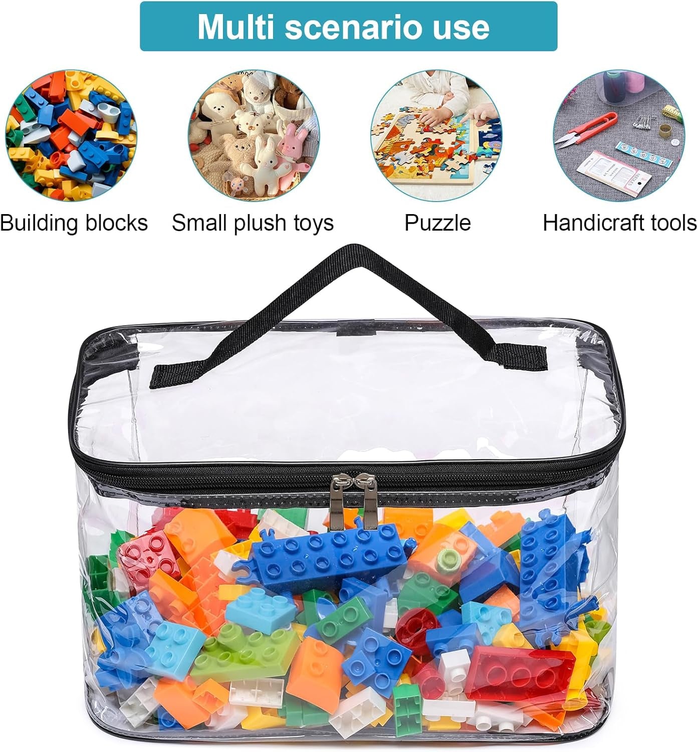 4 Pack Large Clear Storage Bags for Toys with Name Tag, Waterproof Duty PVC Toy Organizer Bag for Building Blocks, Board Games, Puzzles, Stationery and Other Small Items, Storage Bins(12.6X7.9×6.3 In)