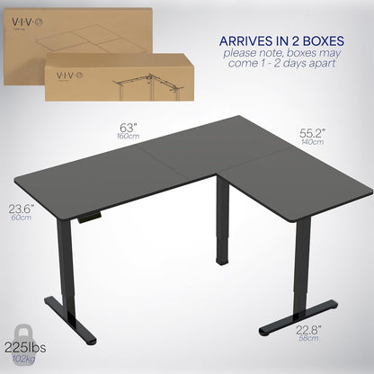 Corner Standing Desk, 63 X 55 Inch Reversible L-Shaped Workstation, Electric Height Adjustment, Home, Office, and Reception Rooms, Black Table Top Black Frame, DESK-E3CTB
