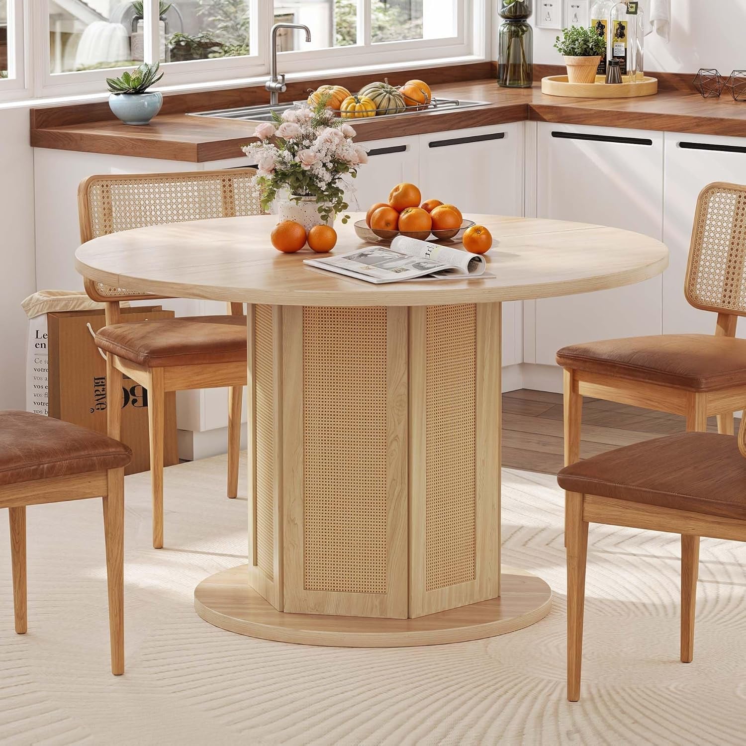 round Dining Table for 4-6 People 47 Inch Farmhouse Kitchen Table with Rattan Circular Base Wooden Dinner Table for Dining Room Family Gathering, Natural Oak