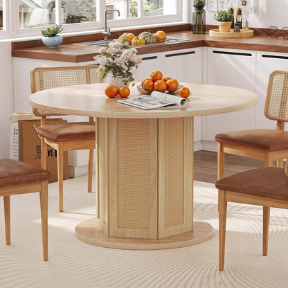 round Dining Table for 4-6 People 47 Inch Farmhouse Kitchen Table with Rattan Circular Base Wooden Dinner Table for Dining Room Family Gathering, Natural Oak