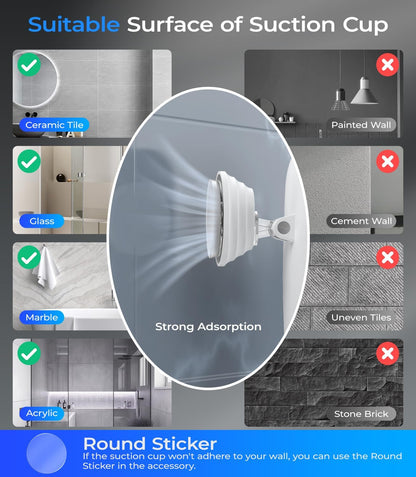 Heated Shower Mirror Fogless for Shaving with Light, 5000Mah Rechargeable Battery, Detachable Suction Cup and Razor Holder for Wall, No-Drilling, Removable, Waterproof for Bathroom - White