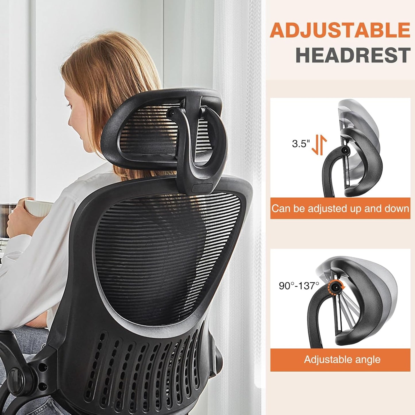 Office Computer Desk Chair, Ergonomic High-Back Mesh Rolling Work Chairs with Wheels and Adjustable Headrests, Comfortable Lumbar Support, Comfy Flip-Up Arms for Home, Bedroom, Study,Black