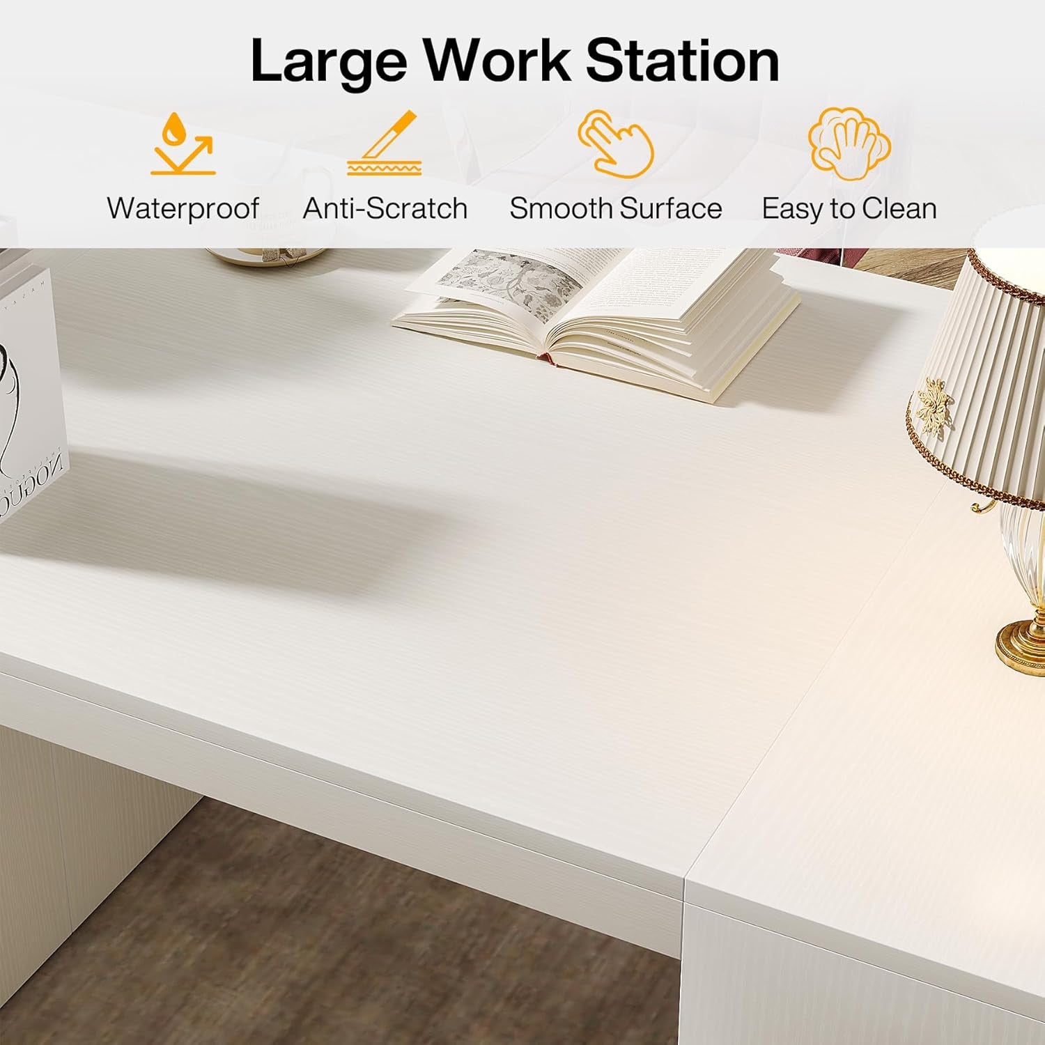 Modern Executive Office Desk, 63-Inch Large Computer Home Office Desk with Storage Shelves, Wood Study Writing Table, Workstation Business Furniture, White