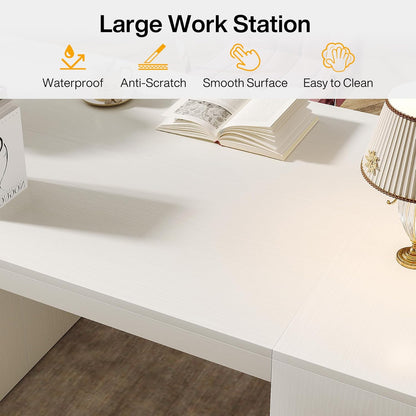 Modern Executive Office Desk, 63-Inch Large Computer Home Office Desk with Storage Shelves, Wood Study Writing Table, Workstation Business Furniture, White
