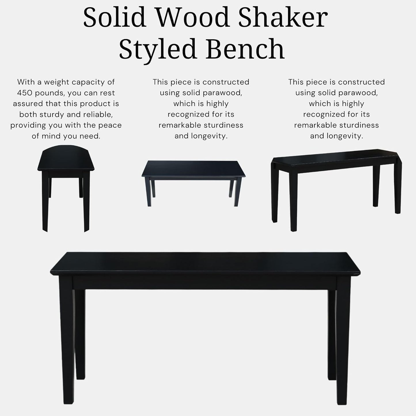 Shaker Style Bench Real/Solid Parawood, Kitchen/Dining, Sturdy & Reliable Seating, Easy Assembly, 39"W X 14"D X 18"H, 450 Lbs Wt. Capcity, Black