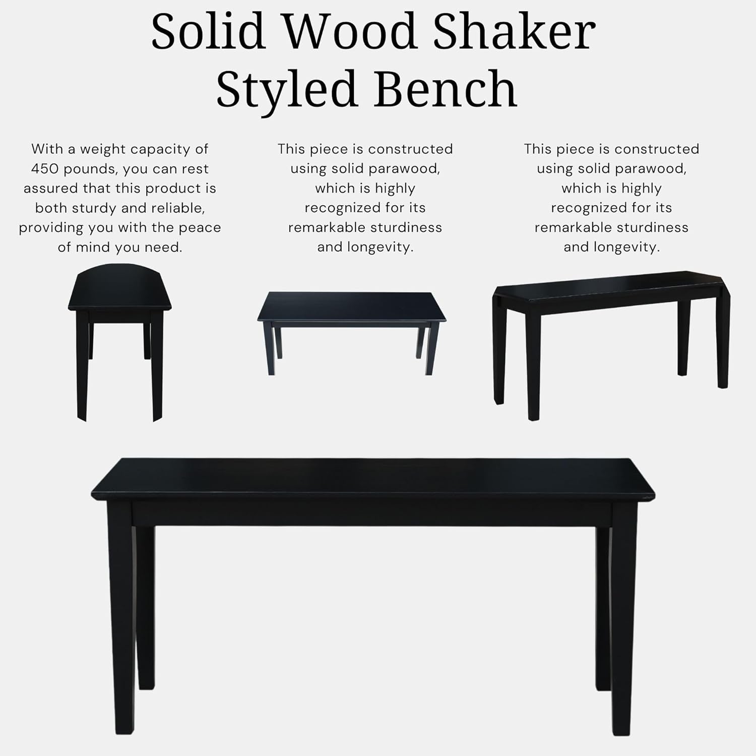 Shaker Style Bench Real/Solid Parawood, Kitchen/Dining, Sturdy & Reliable Seating, Easy Assembly, 39"W X 14"D X 18"H, 450 Lbs Wt. Capcity, Black