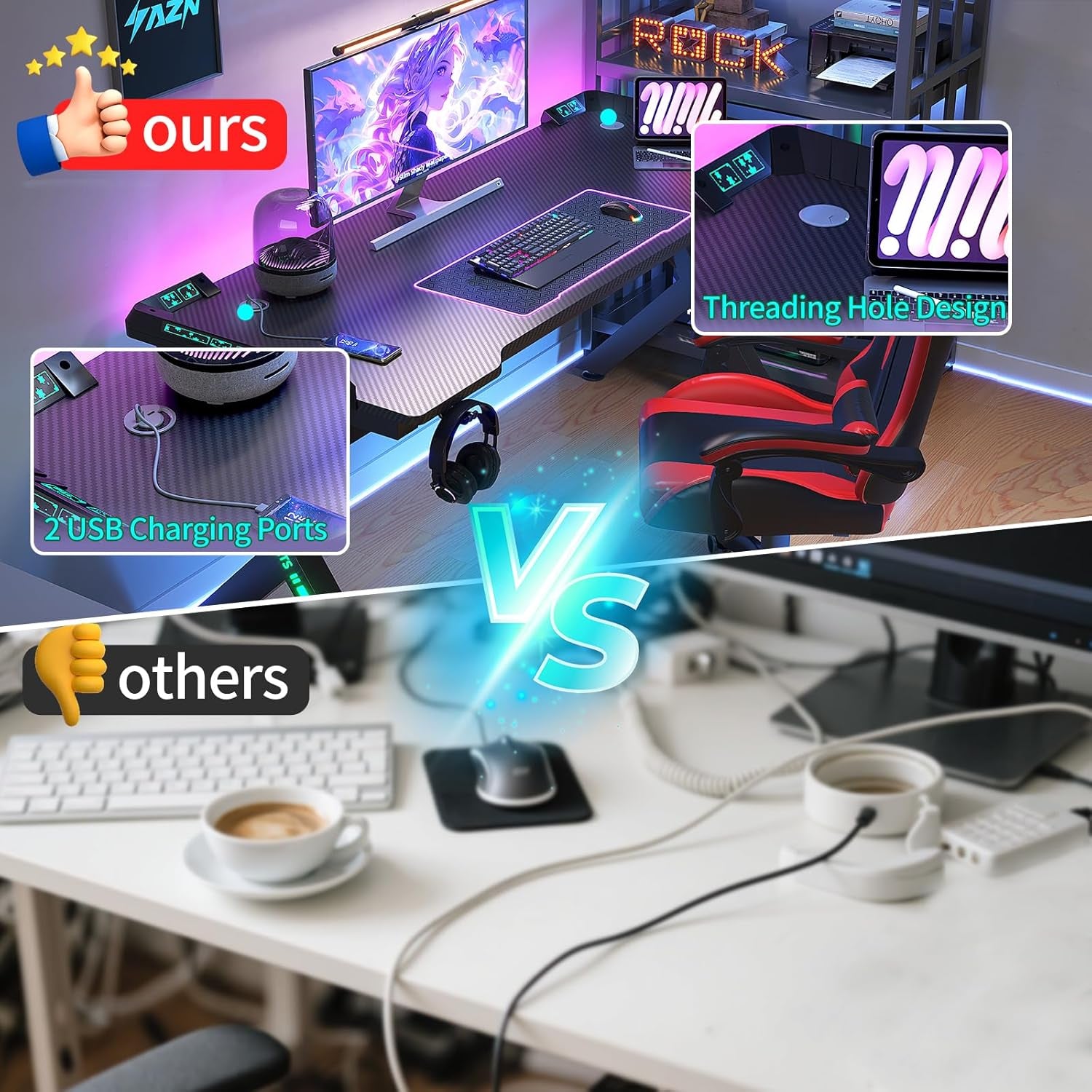 Gaming Desk, 47'' Computer Desk, Gaming Desk W/Carbon Fiber Desktop & 3D-Printed Relief Patterns, Home Office Desks W/Ergonomic Design, Computer Desks W/Cup & Headphone Holder, Cable Organizer