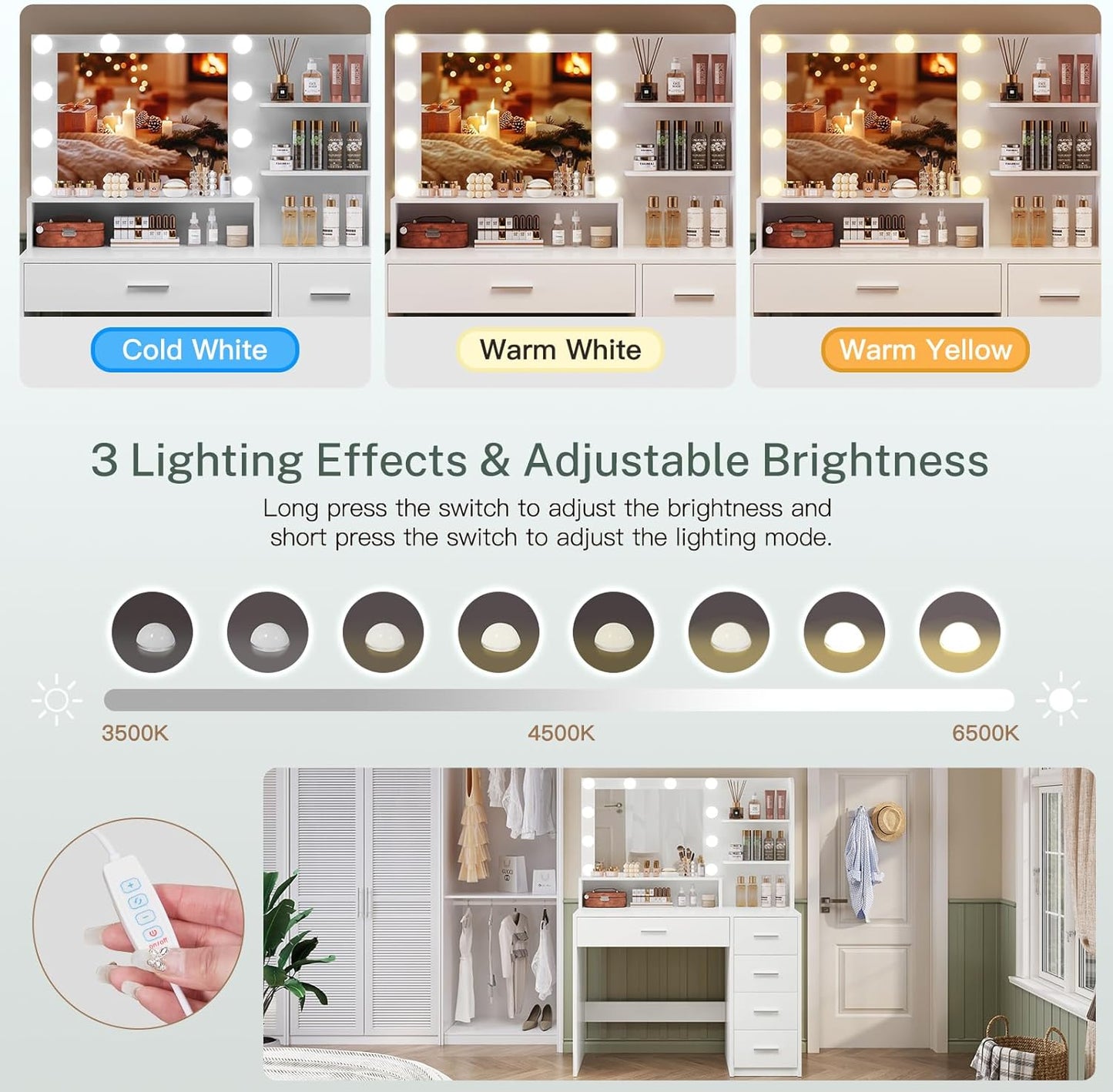 Vanity Desk with Mirror and Lights, Makeup Vanity with 5 Drawers and 3 Storage Shelves, 3 Color Modes & Adjustable Brightness Dressing Table, Vanity Desk for Bedroom, White