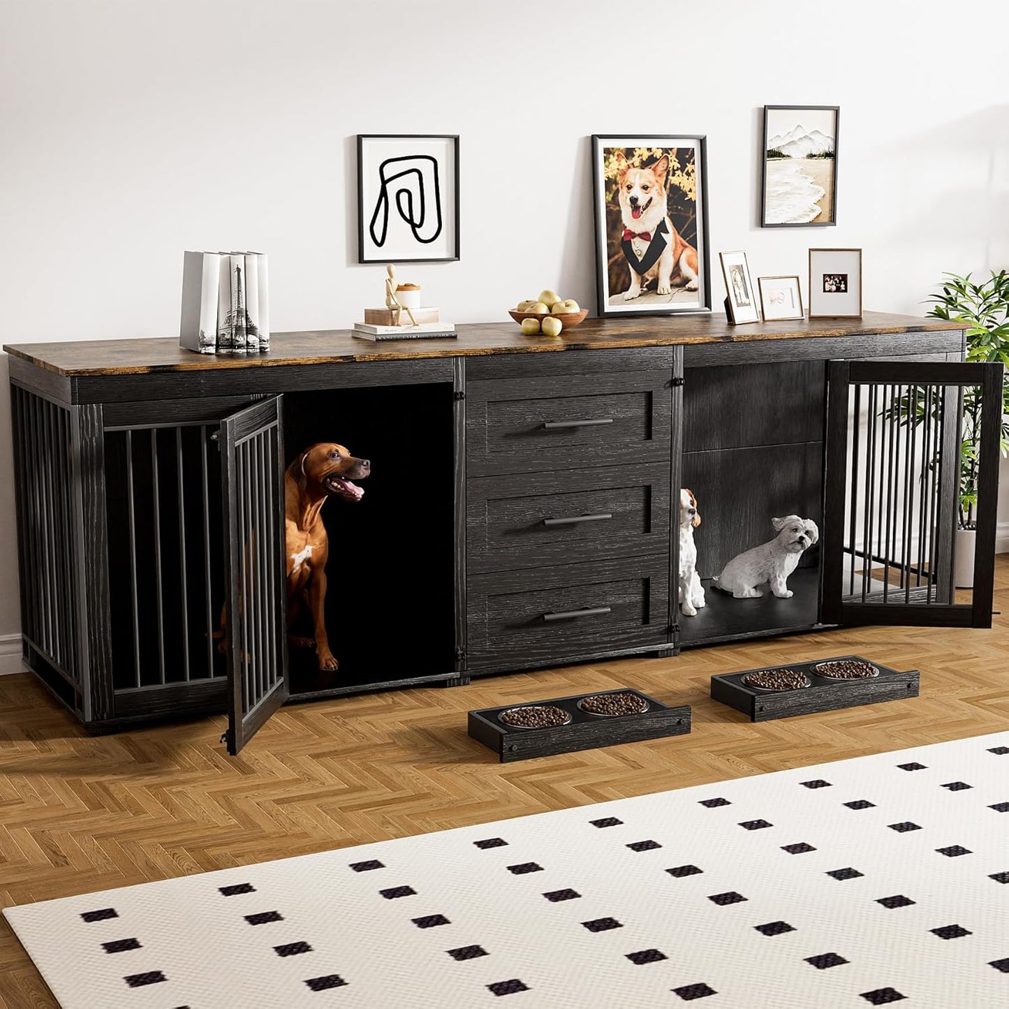 94.5" Dog Crate Furniture for 2 Dogs, Large Dog Kennel Furniture with 3 Storage Drawer, Wooden Dog Cage with 4 Bowls, Indoor Dog House TV Stand with Locks for Large Medium Dog, Grey