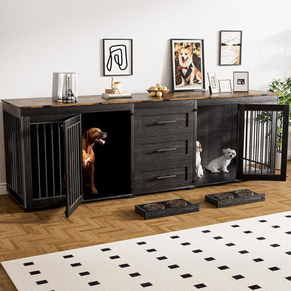 94.5" Dog Crate Furniture for 2 Dogs, Large Dog Kennel Furniture with 3 Storage Drawer, Wooden Dog Cage with 4 Bowls, Indoor Dog House TV Stand with Locks for Large Medium Dog, White Brown