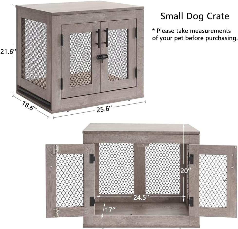 25.5 Inch Dog Crate Furniture, Wooden Dog Kennel for Small Breed, Indoor Wood Dog Cage, inside Side End Table Crate with Tray and Dog Bed for Puppy, Cats, Min Pigs, Rabbit, up to 25 Lbs
