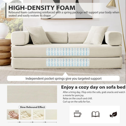 78 Inch Convertible Sleeper Sof Bed, Folding Floor Mttress Couch with Fixed-Shpe Frme, Futon Boneless Couch Lounge Loveset with Pull Out Bed, No ssembly Required (Beige)