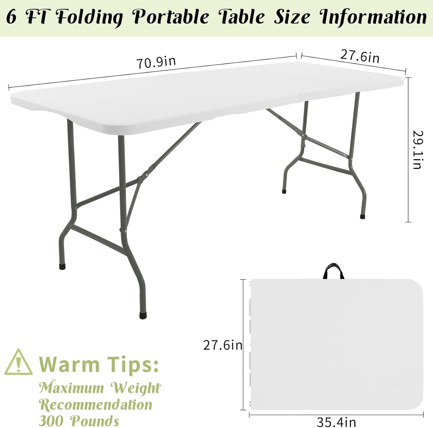 2 Pack 6 FT Folding Tables White Foldable Table, Fold-In-Half with Carrying Handle Portable Plastic Rectangular Table for Party, Dining, Wedding, Camping, Picnic, Indoor Outdoor Events