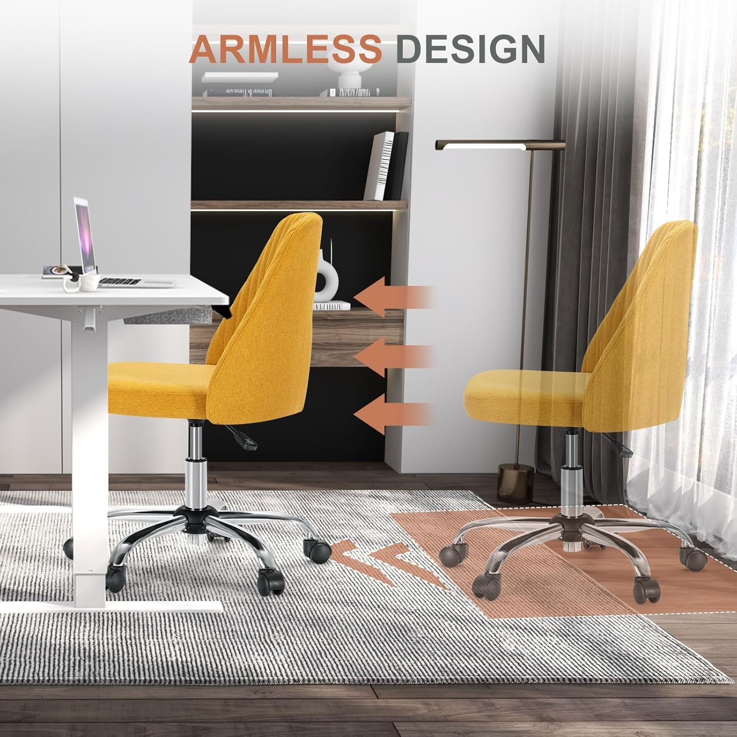 Office Desk Chair, Modern Cute Rolling Vanity Swivel Task Chairs with Wheels, Comfortable Back Seat Armless for Home, Bedrooms, Office, Study, Student, Adults, Make-Up, Dressing Room, Yellow