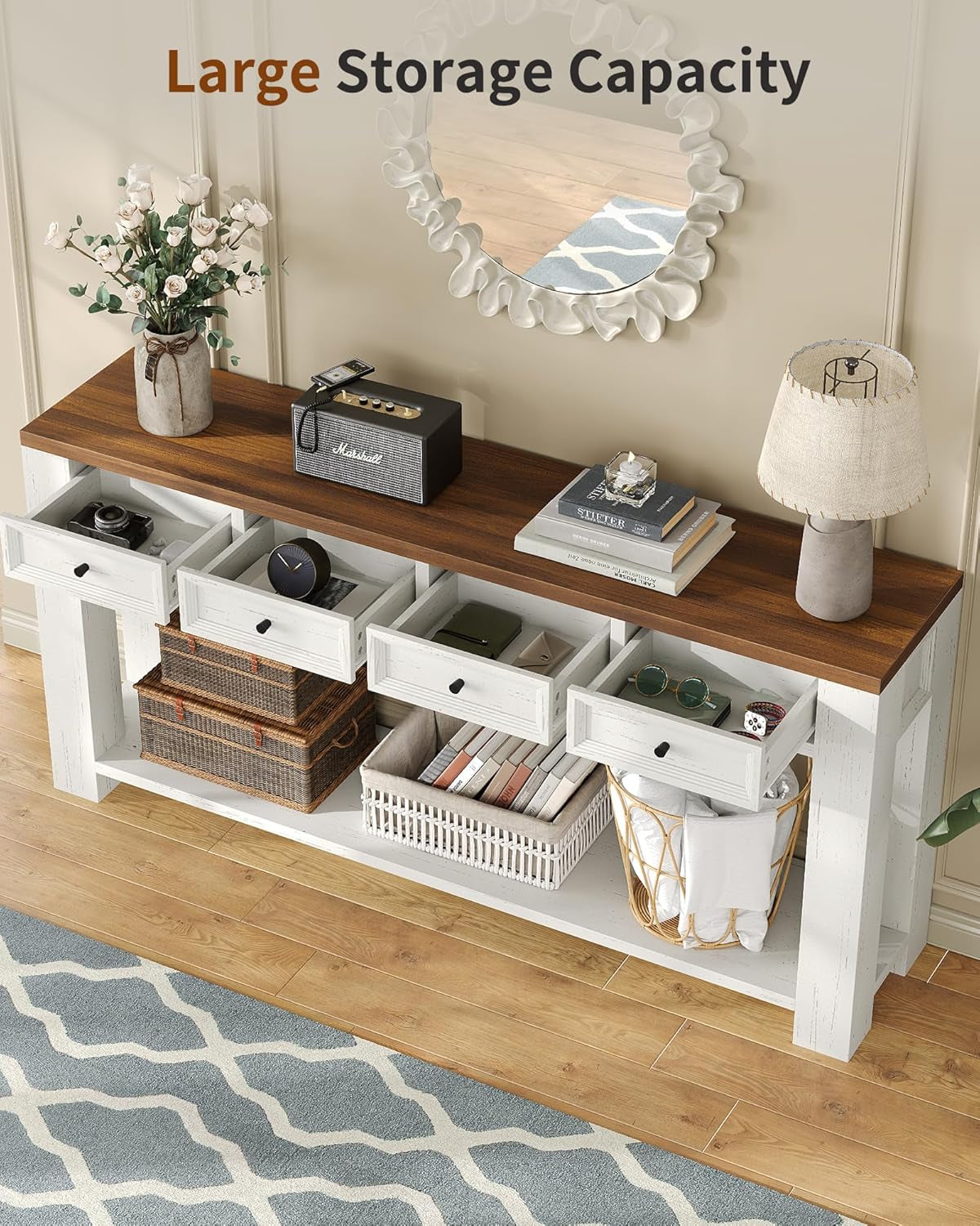63 Inch Console Table, Sofa Table behind Couch, Entryway Table with 4 Drawers & Open Shelf, Farmhouse Sofa Table for Living Room (White)