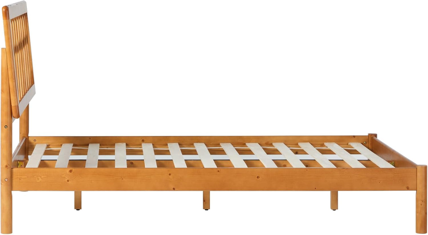 Queen Transitional Geometric X Pattern Headboard Solid Wood Bed, Queen Size, Caramel