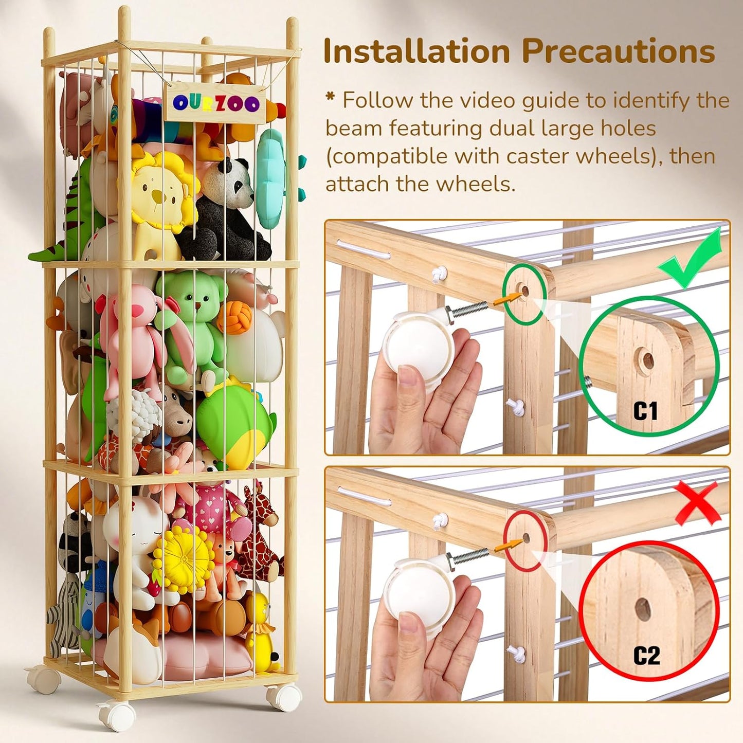 Stuffed Animal Storage Zoo with Wheels and Twinkling Bee String Lights, 55.12Inch Large Wooden Stuffed Animal Storage & Organizer with Elastic Cord Kids Plush Toy Storage for Nursery Playroom