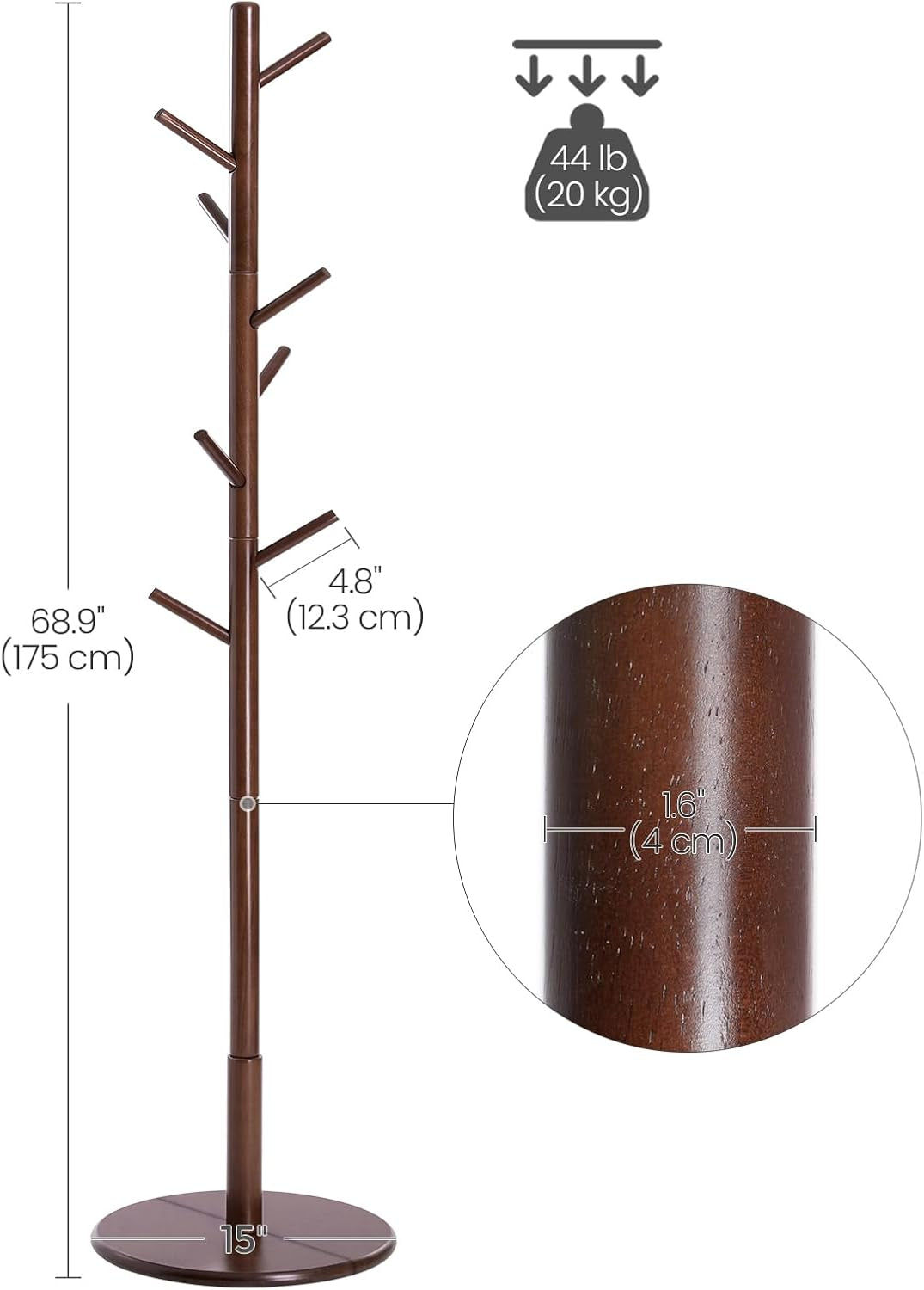 Solid Wood Coat Rack, Free Standing Hall Coat Tree with 8 Hooks, 3 Height Options, for Coats, Hats, Bags, Purses, for Entryway, Hallway, Rubberwood Hooks and Pole, Dark Walnut URCR009W01