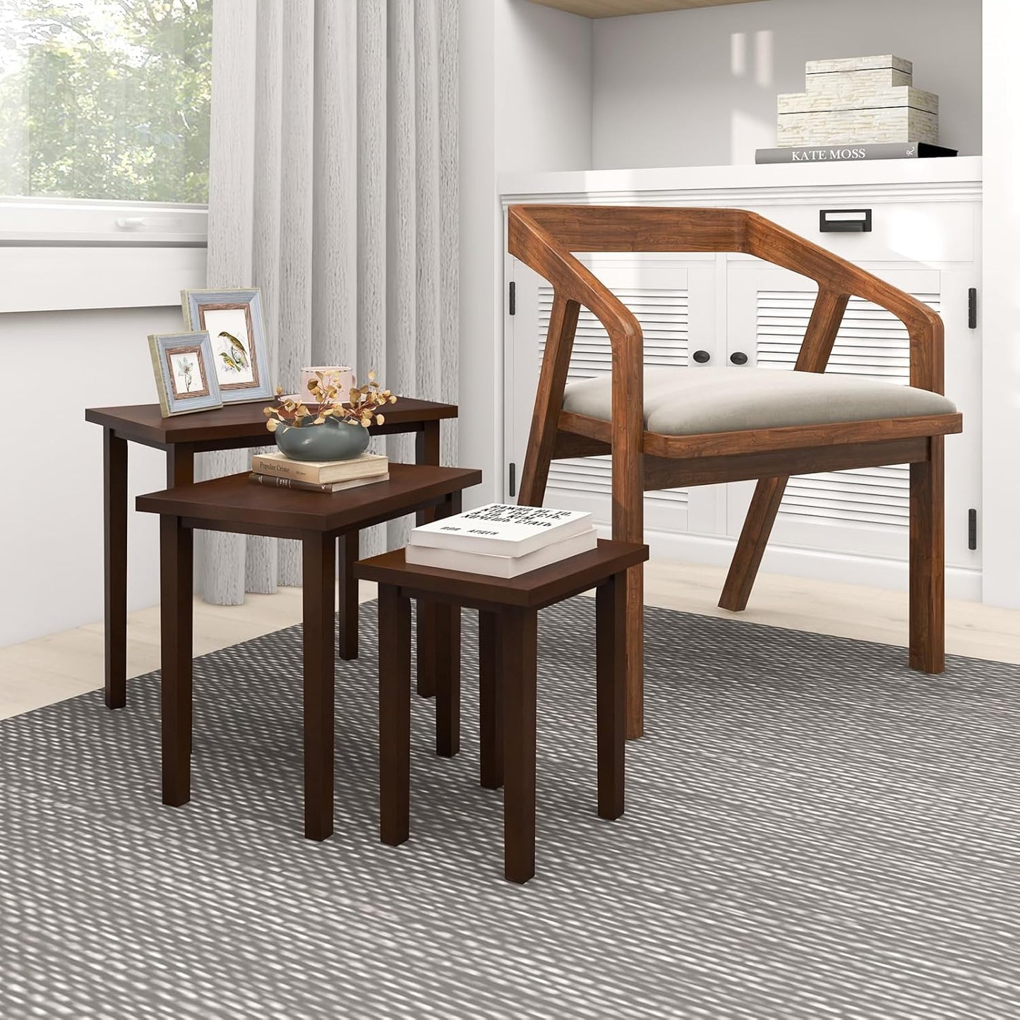 Nesting Tables Set of 3, Farmhouse Stacking Side Table with Rubber Legs, Wooden Rectangle Accent End Table, Nesting Coffee Tables for Living Room Bedroom (Walnut)