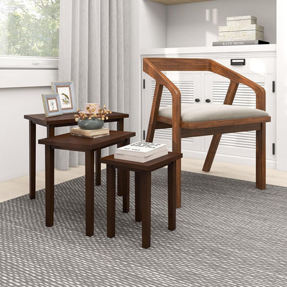 Nesting Tables Set of 3, Farmhouse Stacking Side Table with Rubber Legs, Wooden Rectangle Accent End Table, Nesting Coffee Tables for Living Room Bedroom (Walnut)