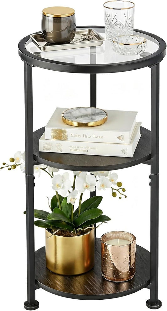 Glass Side Table, Tempered Glass Small round Side Table with 3-Tier Storage Shelves for Small Spaces, Modern Glass round End Table for Living Room, Bedside Table Nightstand for Bedroom (Black)