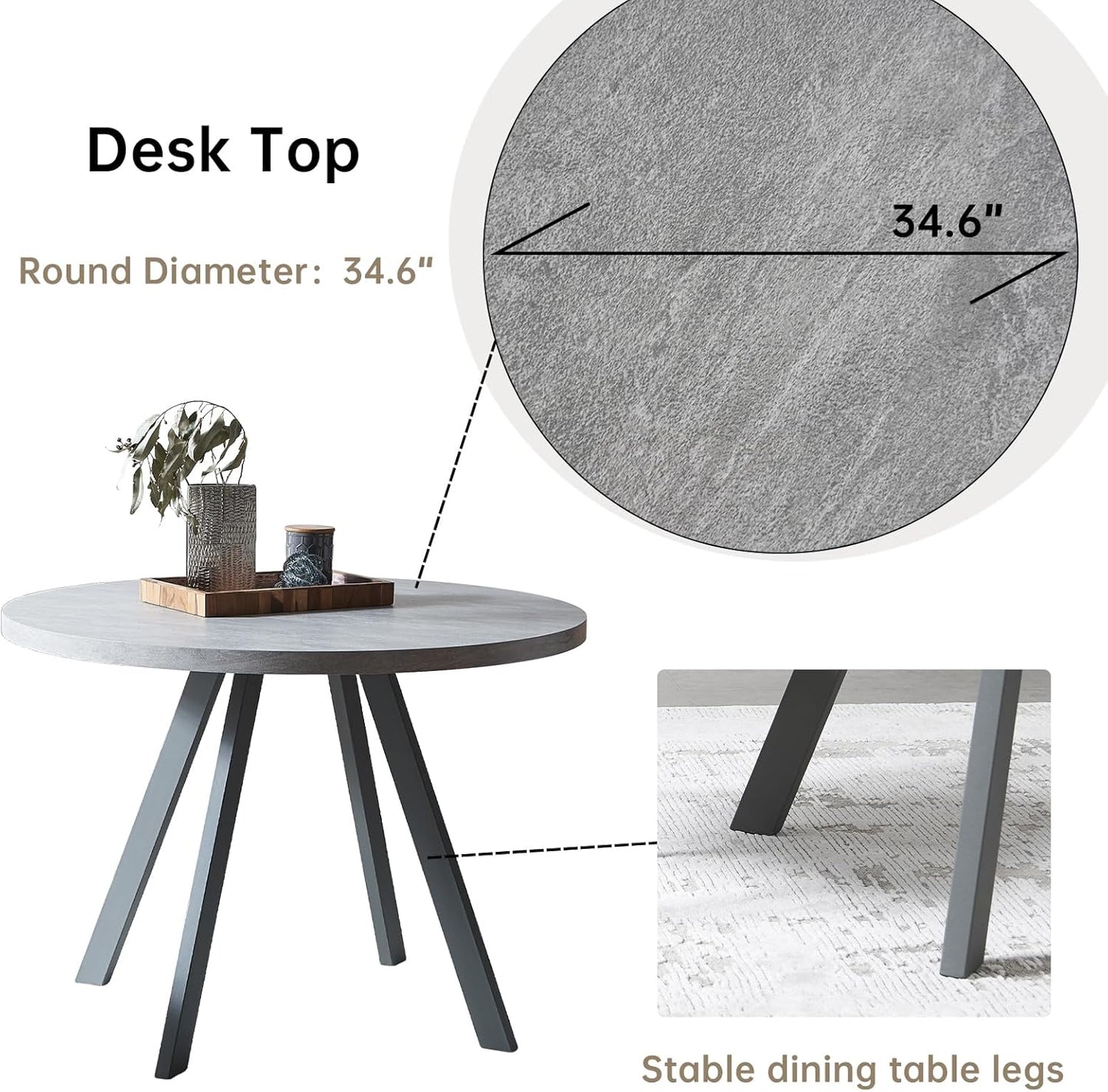 34.6'' round Dining Table and Chairs for 4, Mid Century Modern round Table Set, Space Saving for Apartment Kitchen Dining Room (Grey Table+4 Black Chairs)