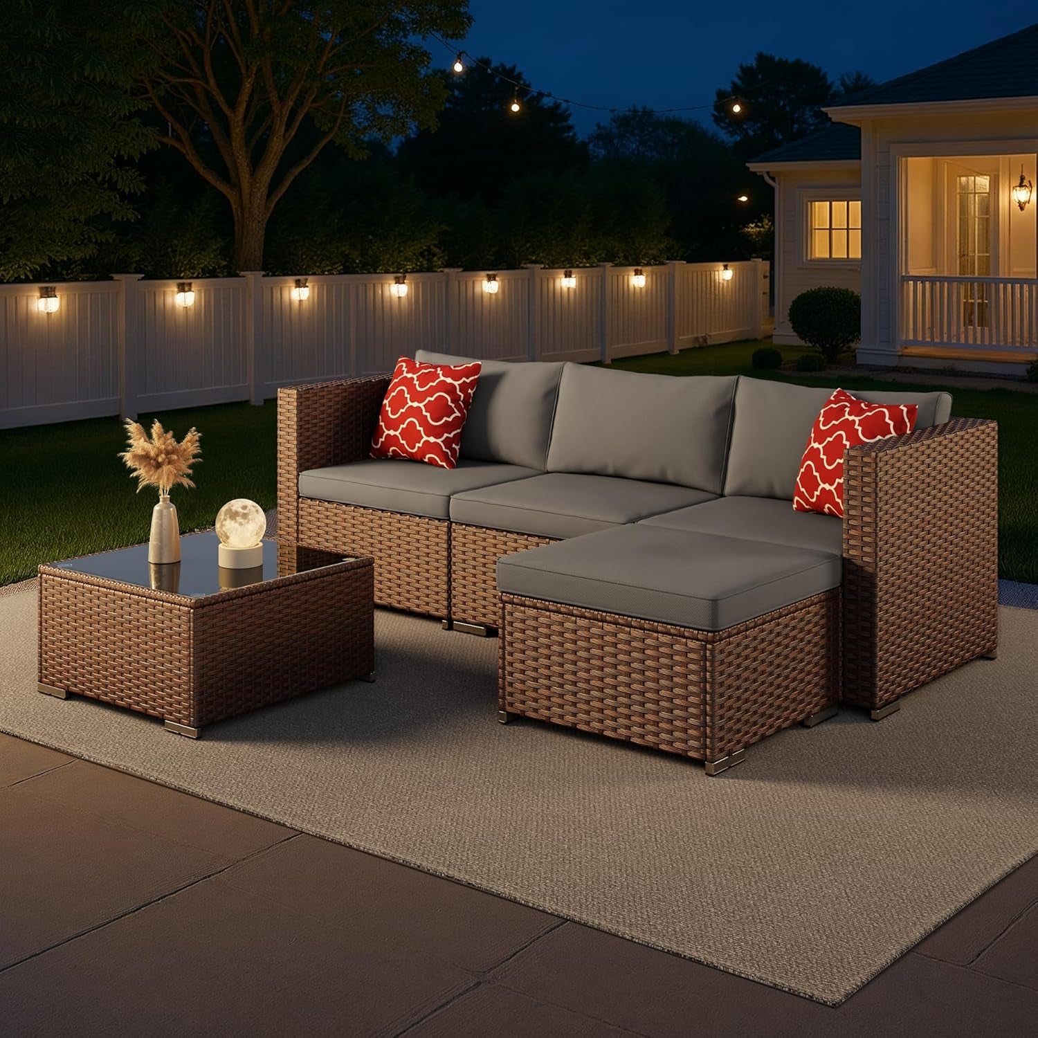 5 Pieces Patio Furniture Set All-Weather Outdoor Wicker Sectional Patio Furniture with Cushion and Glass Table (Grey)