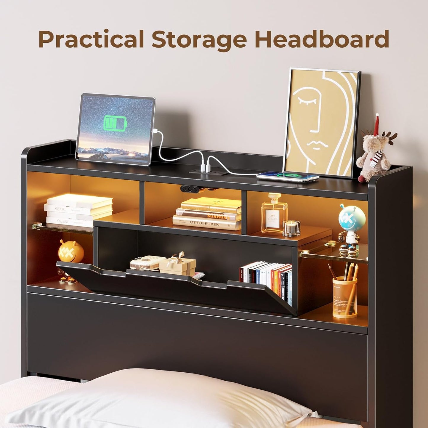 Twin Bed Frame with Headboard, LED Bed with Bookcase Storage and Charging Station, Metal Platform Bed with Glass Shelves, No Box Spring Needed, Noise-Free, Black