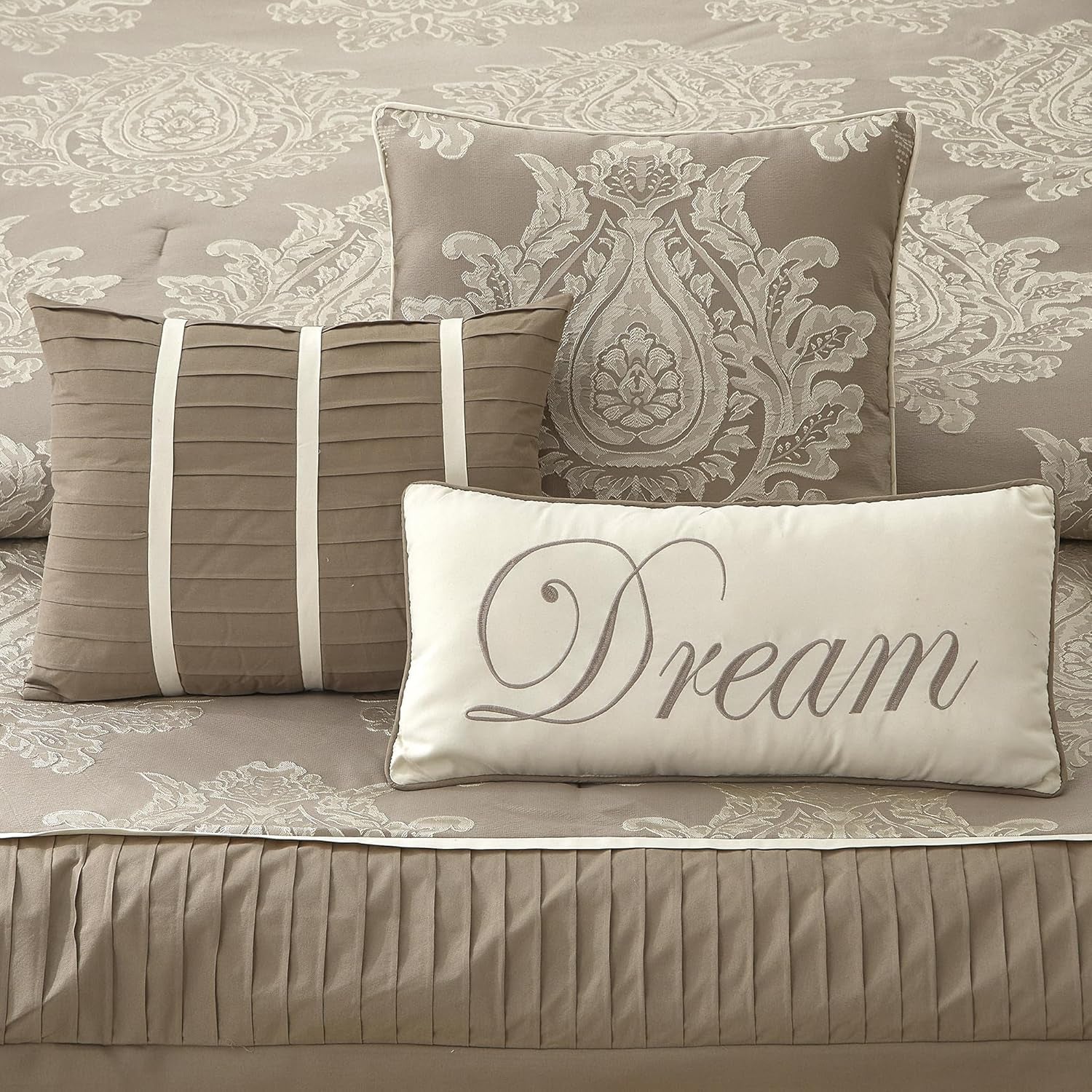 Beige King Size Comforter Set 7 Pieces, Jacquard Woven with Damask, Bedding Set in a Bag Includes Comforter, Bed Skirt, Pillow Shams, and Decorative Pillows