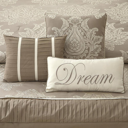Beige King Size Comforter Set 7 Pieces, Jacquard Woven with Damask, Bedding Set in a Bag Includes Comforter, Bed Skirt, Pillow Shams, and Decorative Pillows