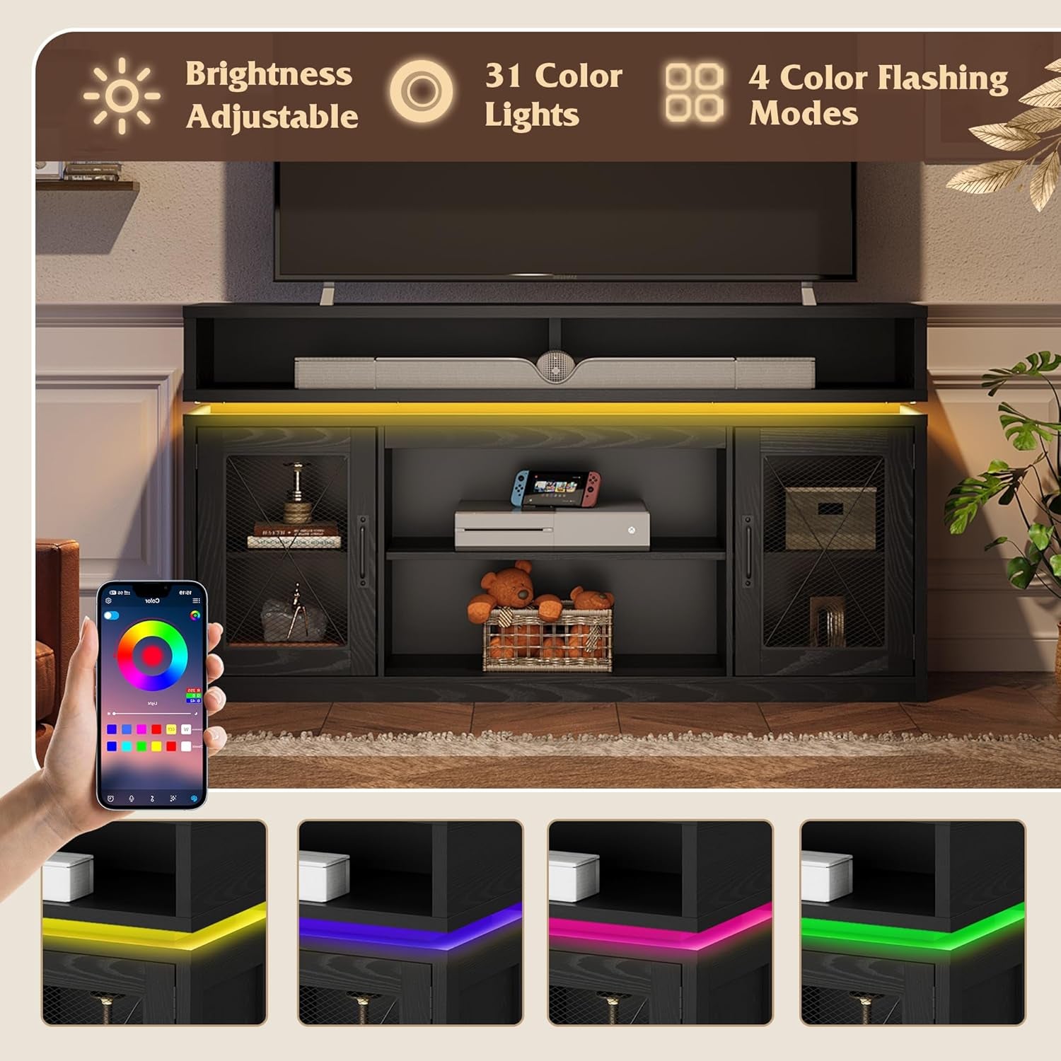 Farmhouse TV Stand for 65 Inch TV, Tall Entertainment Center with Storage Cabinets, Media Console TV Cabinet with LED for Living Room and Bedroom, Black