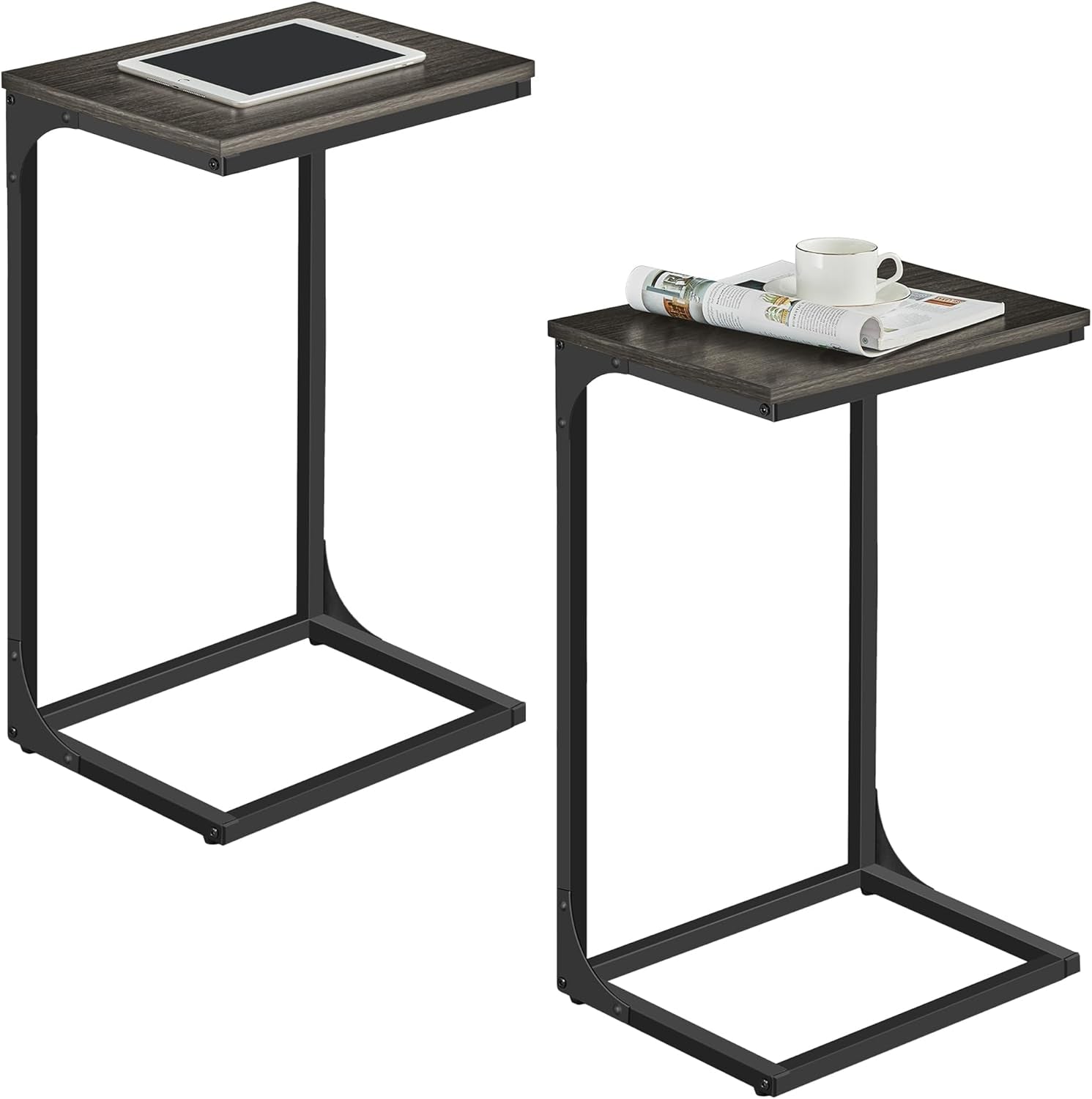 C-Shaped End Table, Set of 2, Side Table for Sofa, Couch Table with Metal Frame, Small TV Tray Table for Living Room, Bedroom, Ebonized Oak Finish and Black