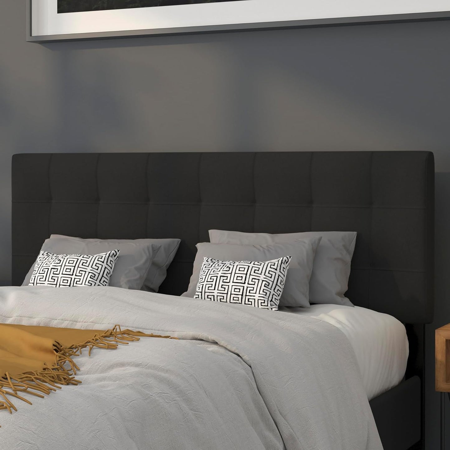 Quilted Tufted Upholstered Queen Size Headboard in Black Fabric