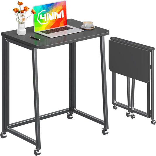 23.6" Mobile Small Folding Desk, Foldable Rolling Computer Home Office Desk, Study Writing Table for Small Space Saving Bedroom, with Wheels - All Black