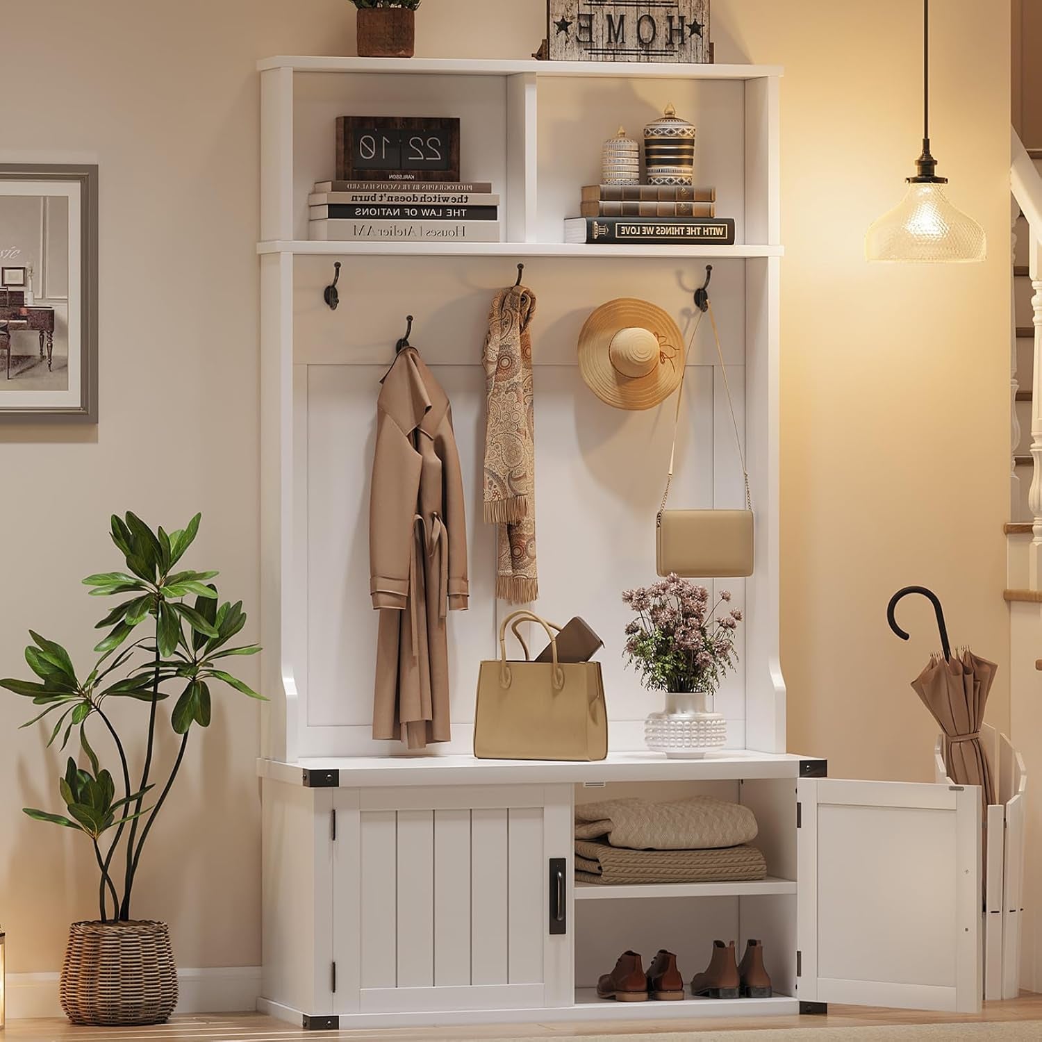 76" Hall Tree with Bench and Shoe Storage, Farmhouse 4-In-1 Entryway with Coat Rack & 5 Tri-Hooks, Adjustable Shelf, White Mudroom Bench with Storage Seating, Space Saving, White