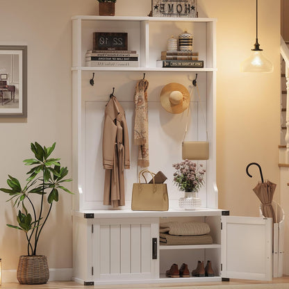 76" Hall Tree with Bench and Shoe Storage, Farmhouse 4-In-1 Entryway with Coat Rack & 5 Tri-Hooks, Adjustable Shelf, White Mudroom Bench with Storage Seating, Space Saving, White