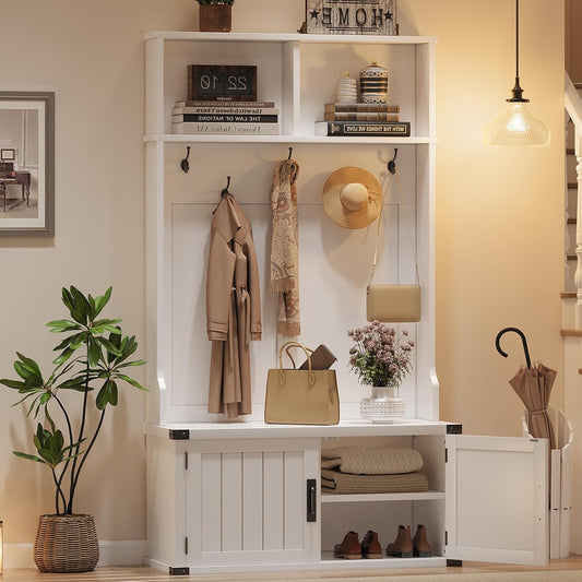 76" Hall Tree with Bench and Shoe Storage, Farmhouse 4-In-1 Entryway with Coat Rack & 5 Tri-Hooks, Adjustable Shelf, White Mudroom Bench with Storage Seating, Space Saving, White