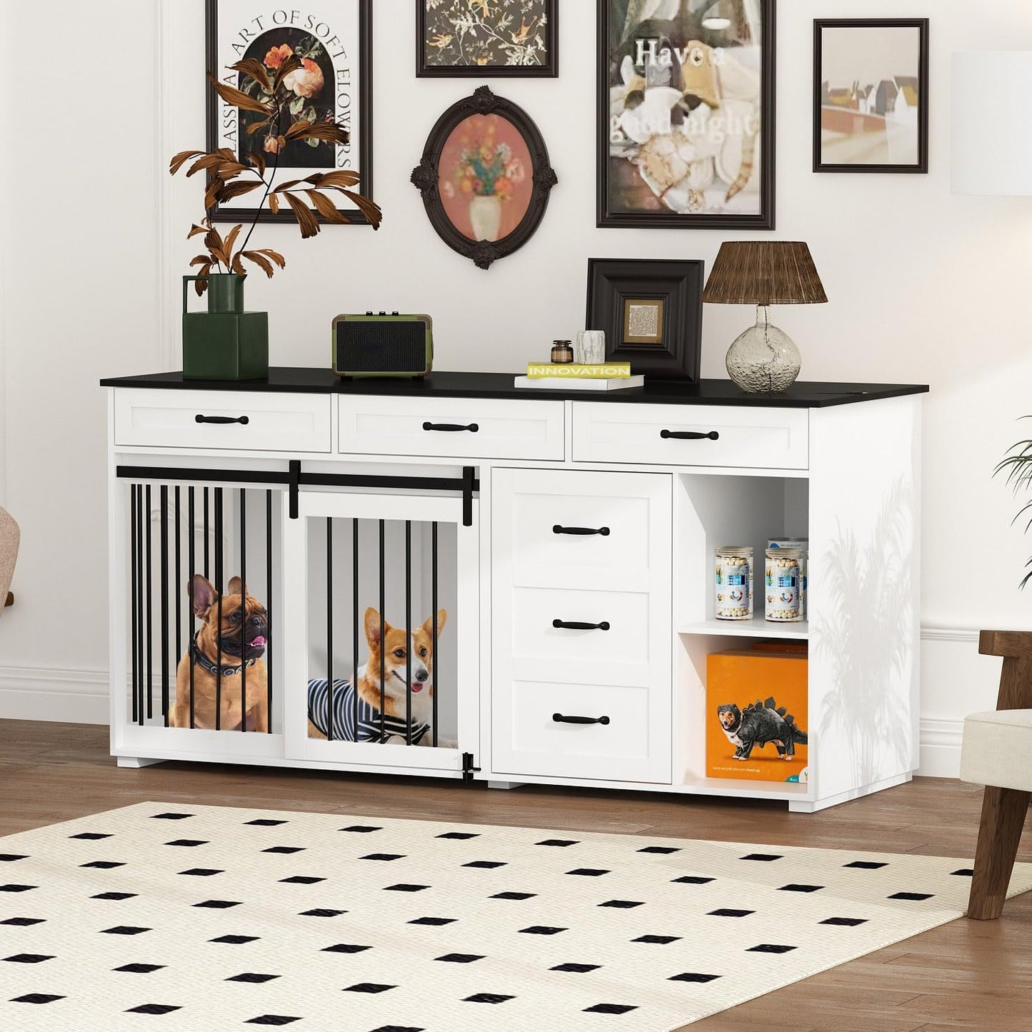 Dog Crate Funiture with Storage, 67" Wooden Heavy Duty Dog Kennel Table Furniture with Drawers & Shelves, Indoor Dog House TV Stand Single Room W/Sliding Door, White