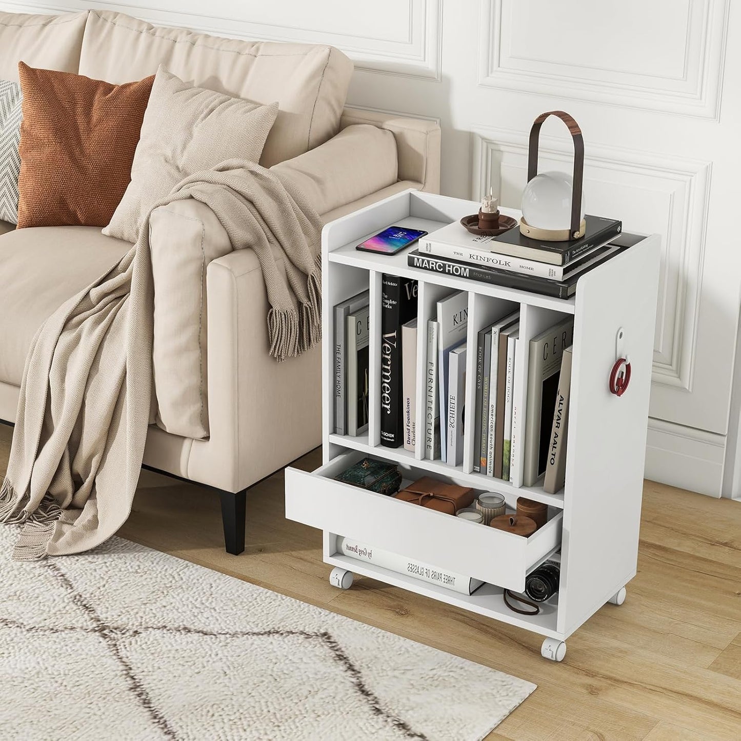 Record Player Stand, Rolling Turntable Stand with Drawer & Lockable Wheels, Record Player Table Holds up to 150 Albums, Vinyl Record Storage for Living Room Bedroom, White