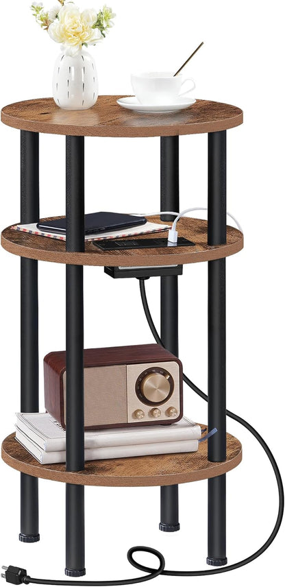 Round Side Table with Charging Station, Small round End Table, 3-Tier Sofa Side Tables for Small Spaces, Nightstand for Living Room, Bedroom, Rustic Brown and Black TBZ06UBF
