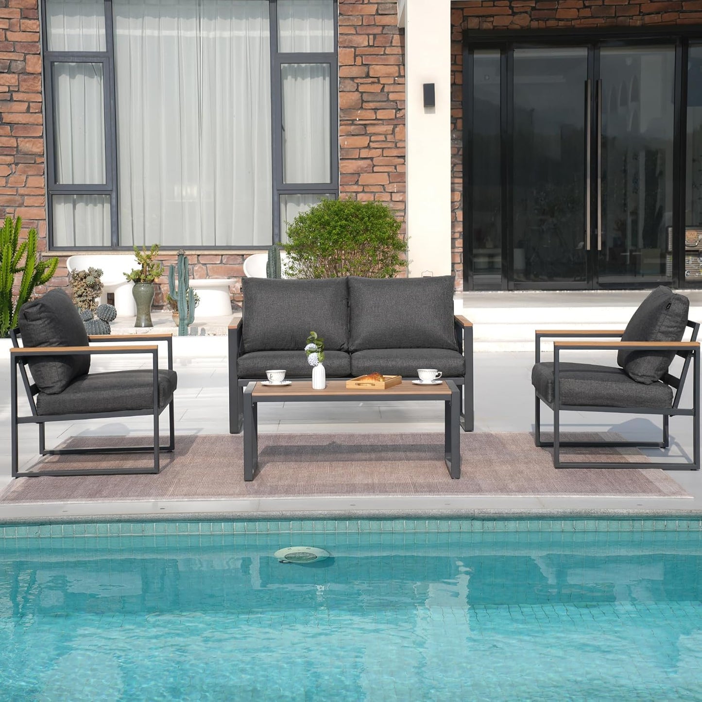 Patio Furniture Set, 4 Pieces Outdoor Patio Furniture with Coffee Table Set, Metal Patio Conversation Sets with Washable and High-Resiliency Sponge Cushions,Upgarded Grey