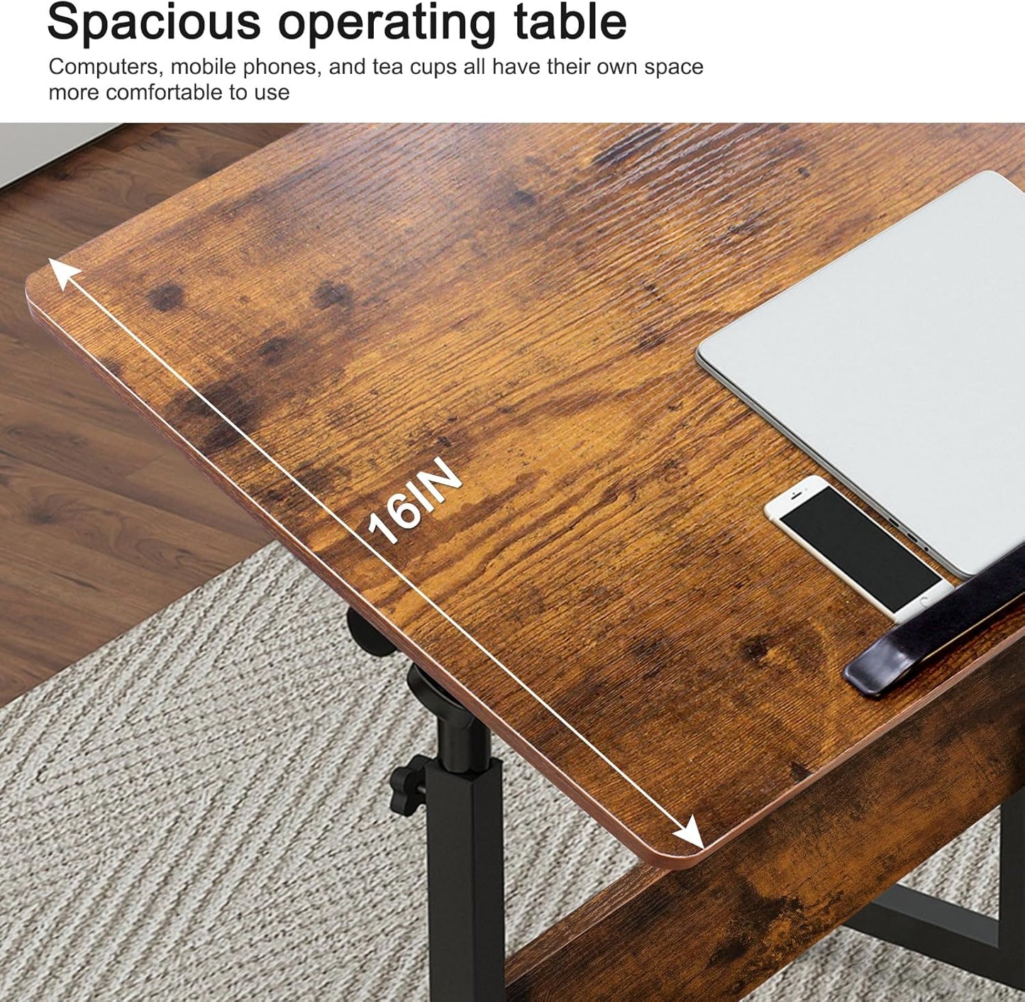 Height Adjustable Standing Desk with Storage Bag Widths16 in Length 24 In, Portable Rolling Mobile Stand up Table with Wheels, 360 Degree Flip Laptop Computer Desk for Home Office, Rustic Brown