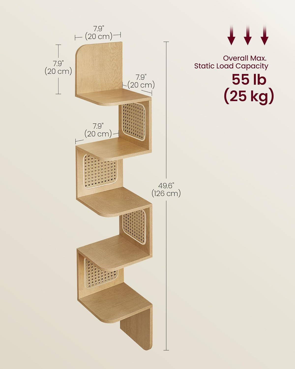 5-Tier Corner Shelf, Wall Mounted Floating Shelf, Zigzag Corner Shelf Unit, PVC Rattan Sides, Space-Saving, for Kitchen, Living Room, Bedroom, Boho Style, Oak Beige ULLS582Y57