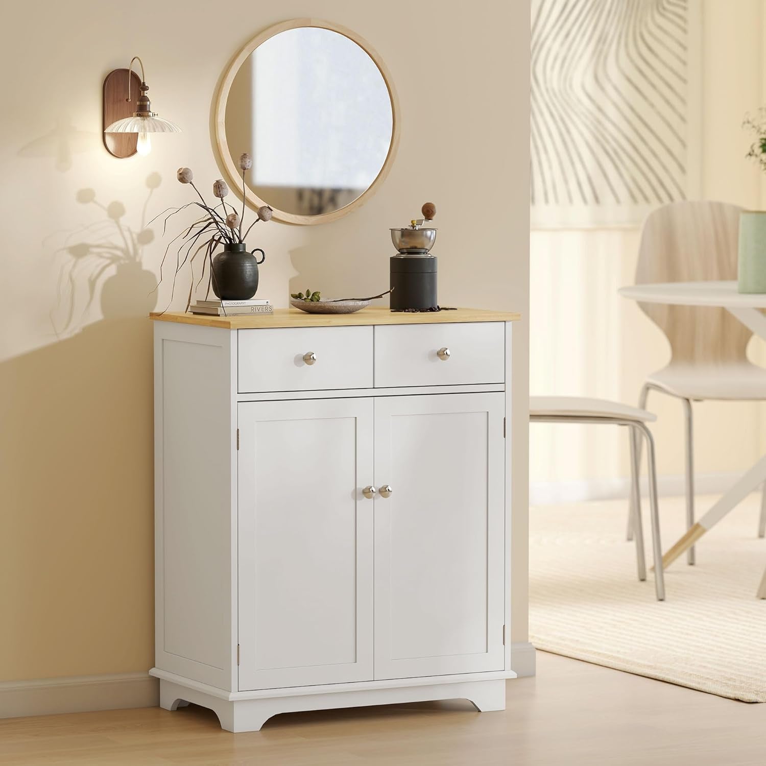 Sideboard with Solid Wood Countertop, Modern Kitchen Storage Cabinet, Coffee Bar Cabinet with 2 Drawers, Doors and Adjustable Shelf, White