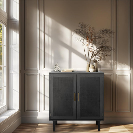 Sideboard Buffet Kitchen Storage Cabinet with Black Painted Rattan Decorated Doors, Dining Room, Hallway, Cupboard Console Table, Liquor/Accent Cabinet, 31.5X 15.8X 34.6 Inches, Black