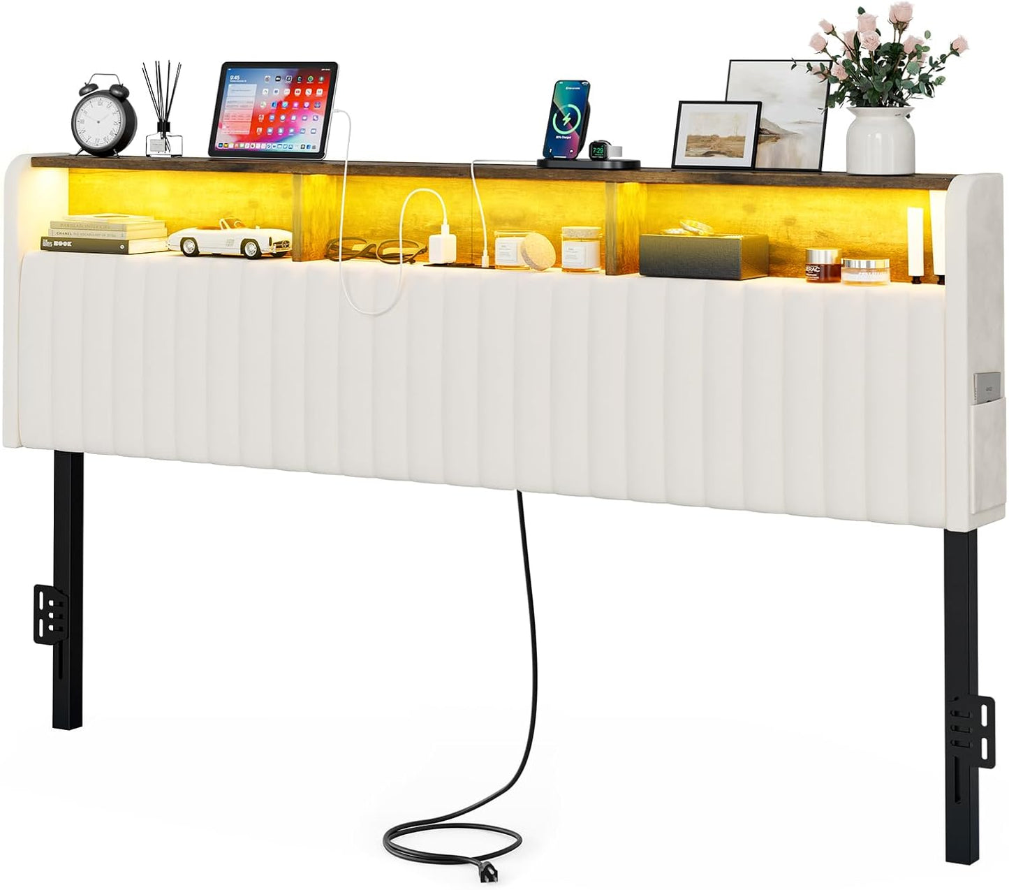 Upholstered California King Headboard with Storage, Adjustable Height, Velvet Cal King Head Board Only with LED Lights & Charging Station, Bed Frame Brackets Adapter, Easy Assembly, White