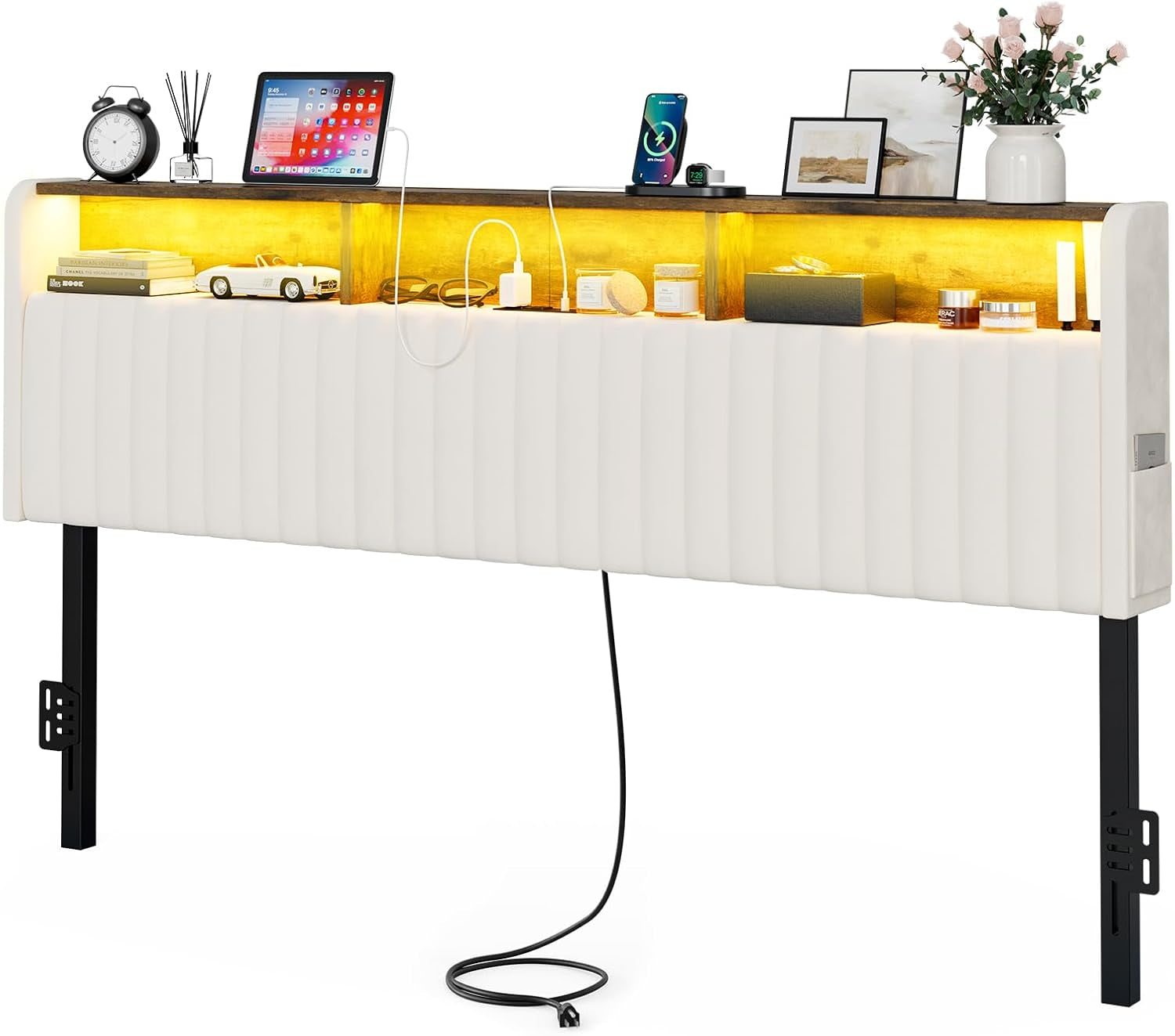 Upholstered California King Headboard with Storage, Adjustable Height, Velvet Cal King Head Board Only with LED Lights & Charging Station, Bed Frame Brackets Adapter, Easy Assembly, White